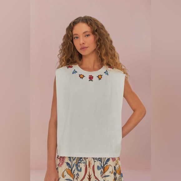 Farm Rio White Beaded Flowers‎ T-Shirt Small - Picture 3 of 13